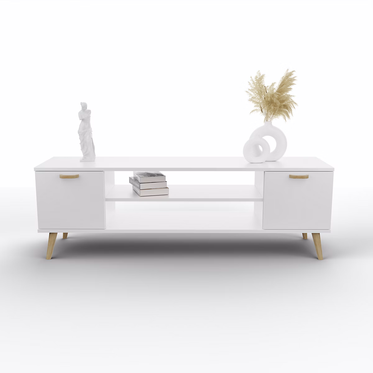 Armoire RTV 135 cm Pieds en bois blanc scandinave – Réf. DXRCXJFLB7598309458