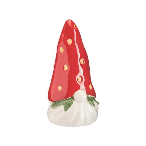 Gnome à poser en céramique à bonnet fraise rouge - 9,7 x 10 x 19 cm