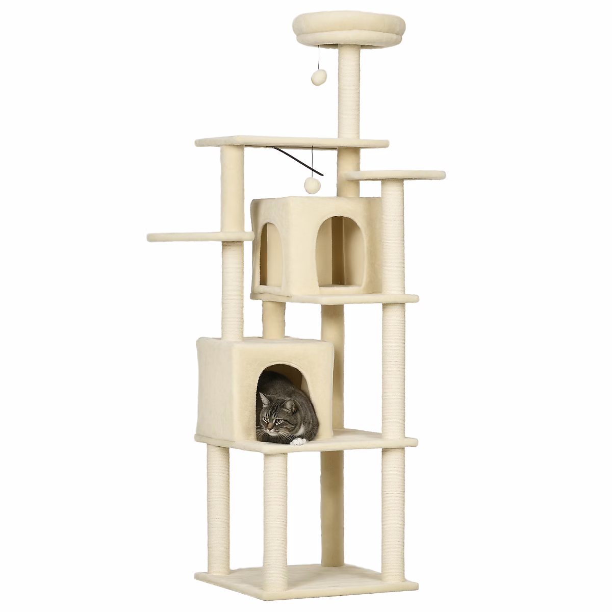Arbre à chat modulable | griffoirs – 2 niches – 4 plateformes – 2 boules suspendues – peluche douce beige