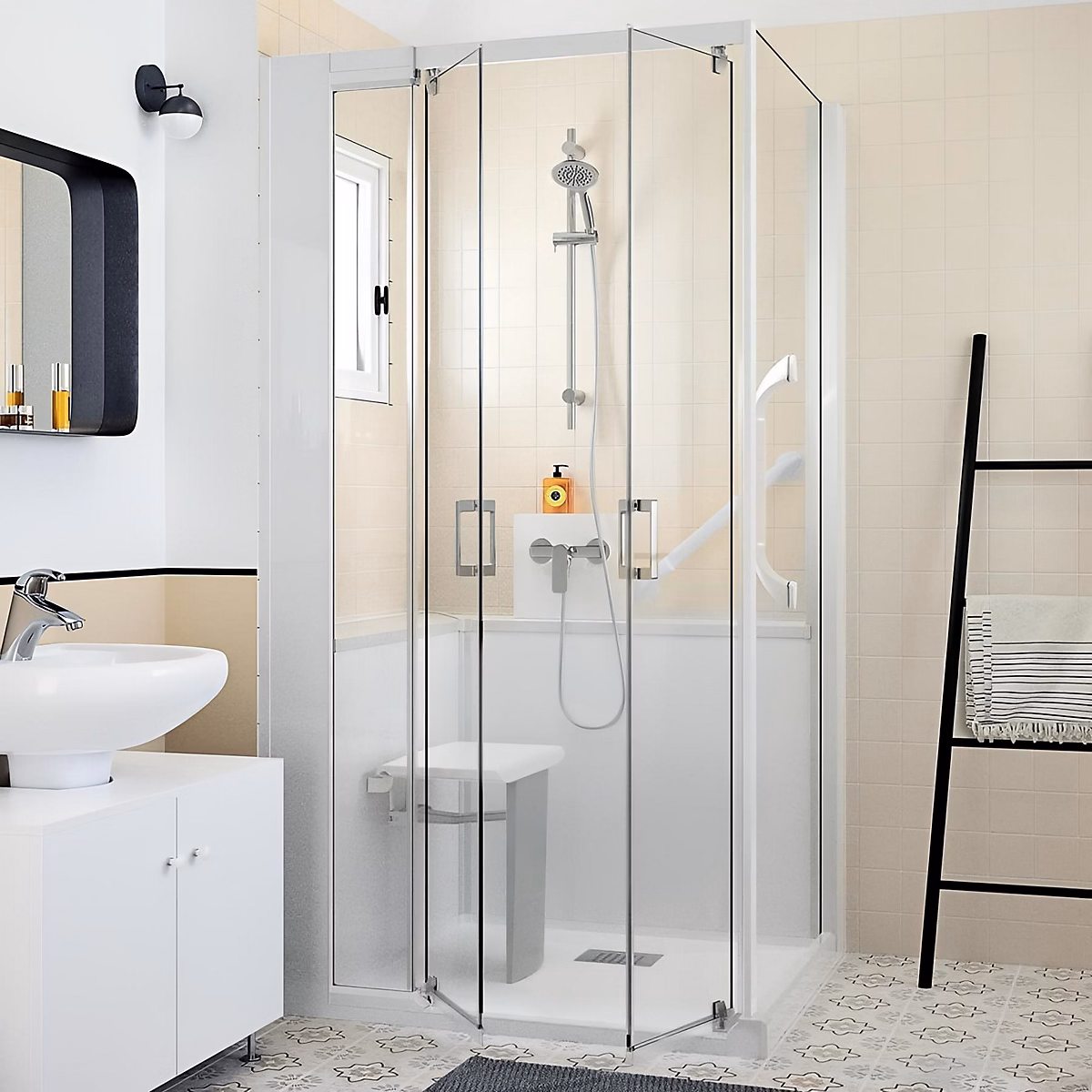 Cabine de douche Kinedo Kinemagic Design 100 × 90 habillage toute hauteur 1 porte pivotante verre transparent avec mitigeur