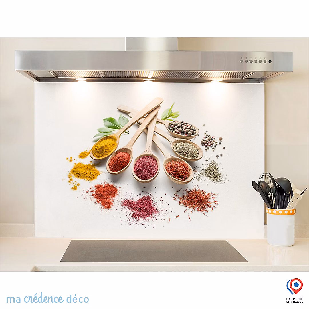 Crédence cuisine fond de hotte Epices et cuillères bois – Verre trempé, L 90 cm x H 70 cm