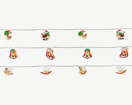 Guirlande lumineuse avec décor rouge et vert de Noël à 10 LED blanc chaud et câble argent sur piles - 1,80 m