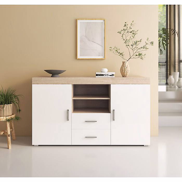 Buffet bas moderne – Mélamine blanche/sonoma, 2 portes 2 tiroirs, 140 × 80 × 40 cm