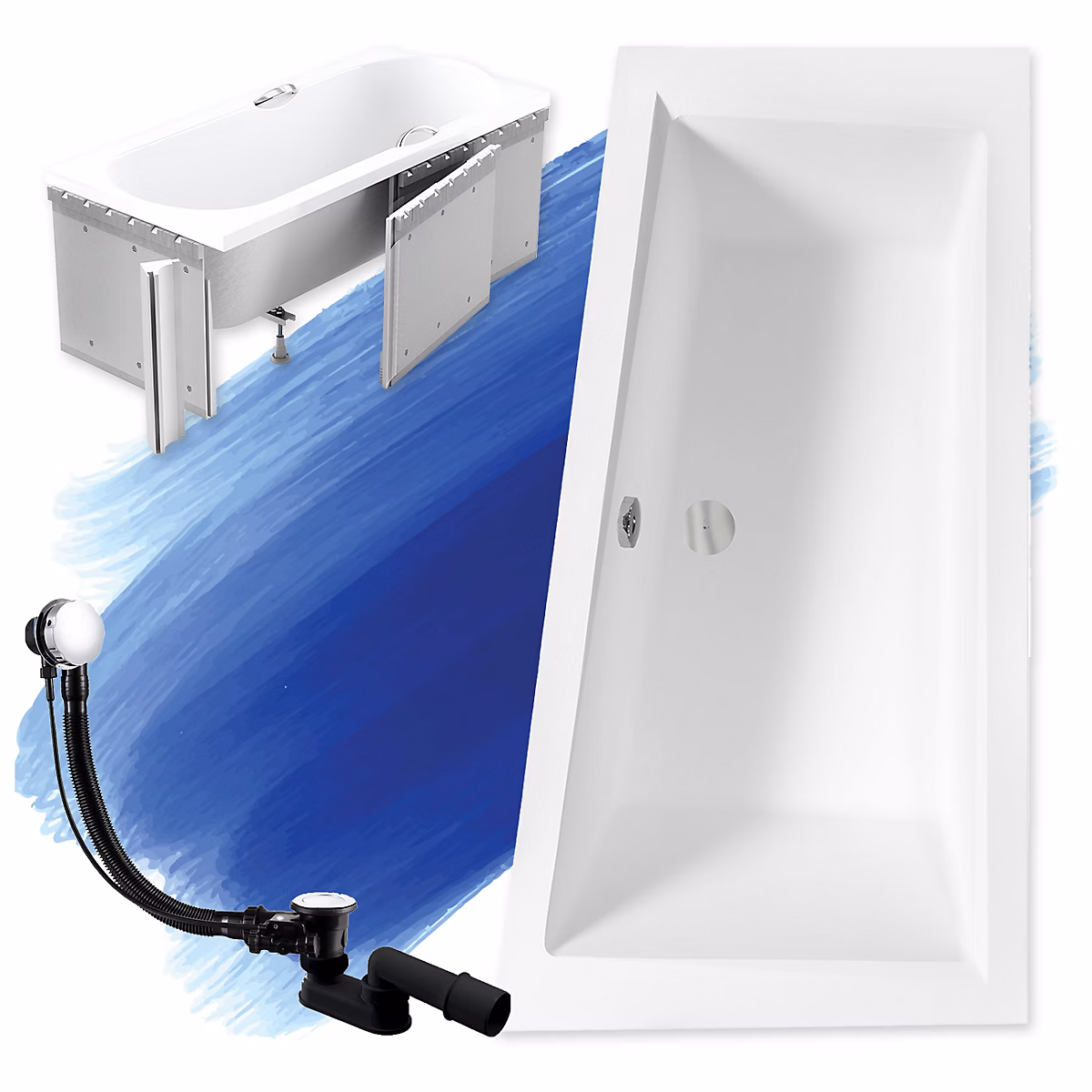 Baignoire asymétrique 160 x 90 Droite INTIMA acrylique blanc + Habillage en polystyrène + Pieds + Vidage à chromé | Baignoire
