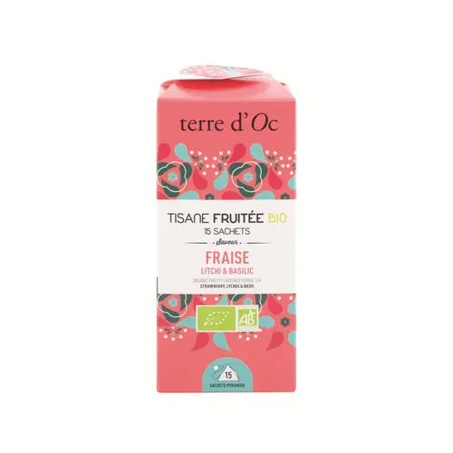 Tisane bio fruitée fraise litchi basilic Terre d’Oc - 15 infusettes