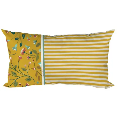 Coussin déco en polyester/coton rayé et fleuri coloris cumin Victorine - 50 x 30 x 15 cm