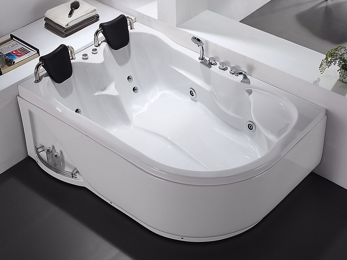 Baignoire balnéo – 181 × 121 × 65 cm, Blanche, Angle gauche, 2 places, 385 L, RAFINA