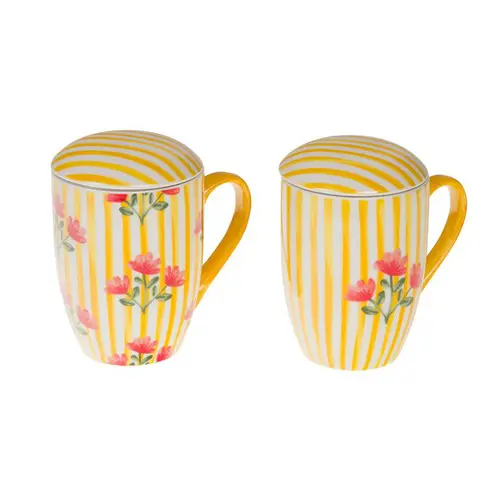 Coffret mug en céramique à rayures jaunes et motif fleurs avec filtre Louise - 12 x 9 x 12 cm