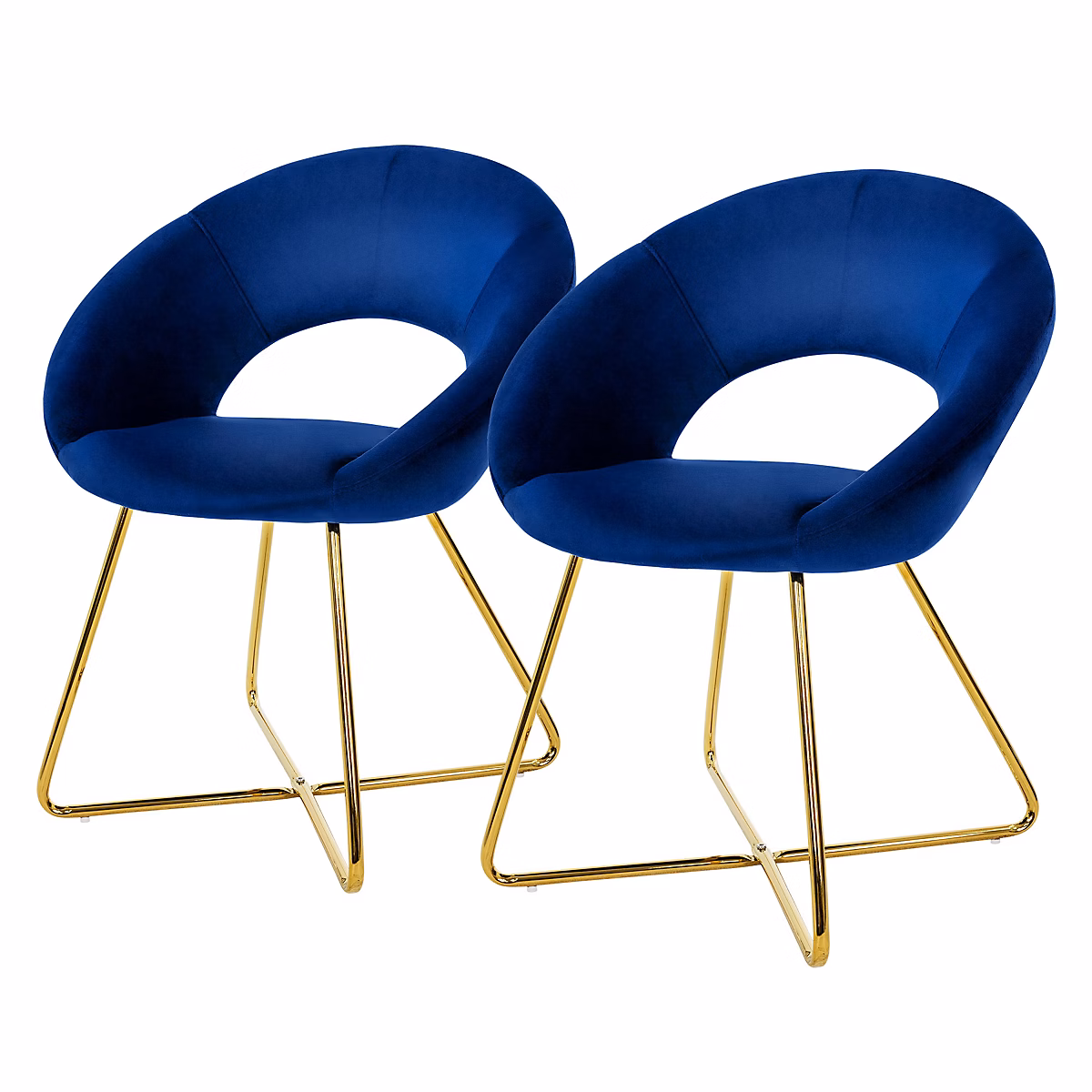 2x Chaise de salle à manger en velours avec dossier rond bleu pieds métal doré | Chaise