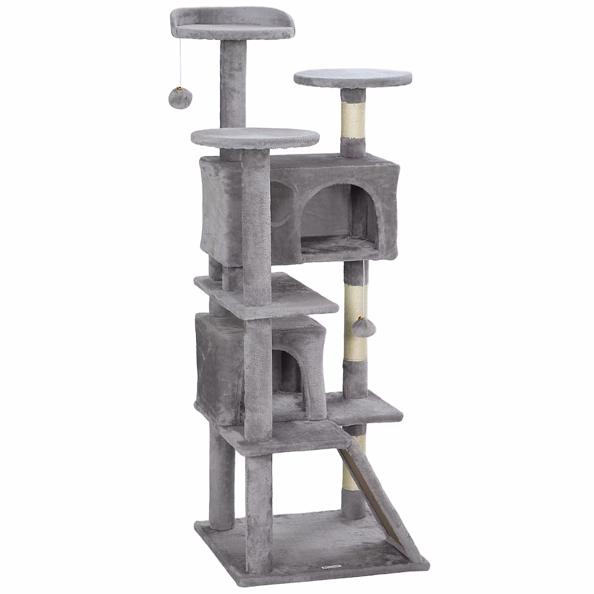 Arbre à chat 2 niches grattoir griffoirs plate-formes 2 niches 2 jouets pompons peluche grise – Réf. TXBMYXWGU9119059864