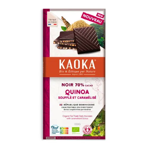 Chocolat noir bio 70% cacao au quinoa soufflé caramélisé Kaoka - 100 g