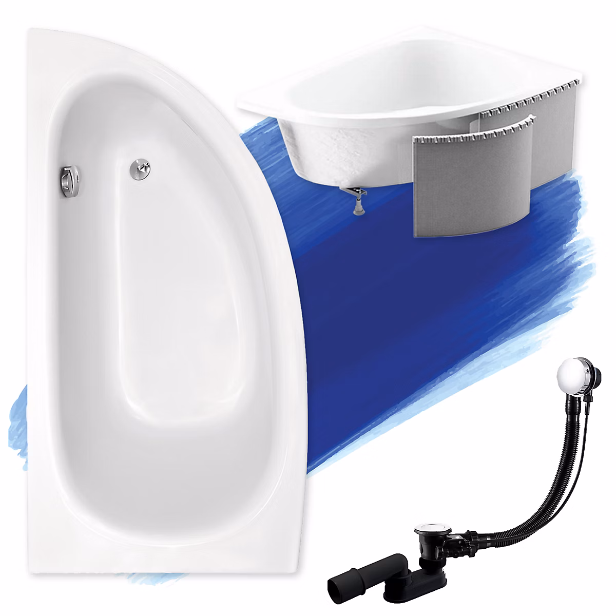 Baignoire asymétrique 150 x 70 Gauche MILENA acrylique blanc + Habillage en polystyrène + Pieds + Vidage à chromé | Baignoire