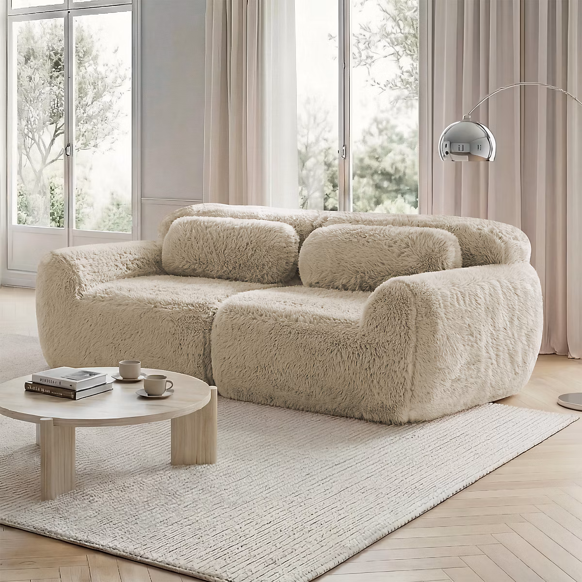 Canapé 2 places – tissu peluche | design modulaire sans cadre | combinable librement | avec coussins.