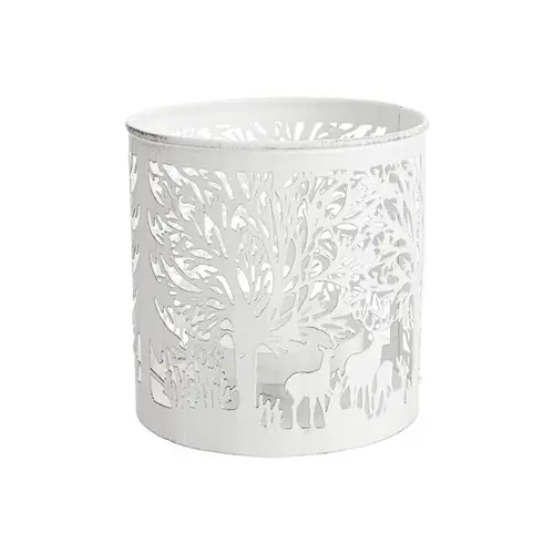 Lanterne à décor forêt en métal blanc ajouré - Ø 17,5 x H 21,5 cm