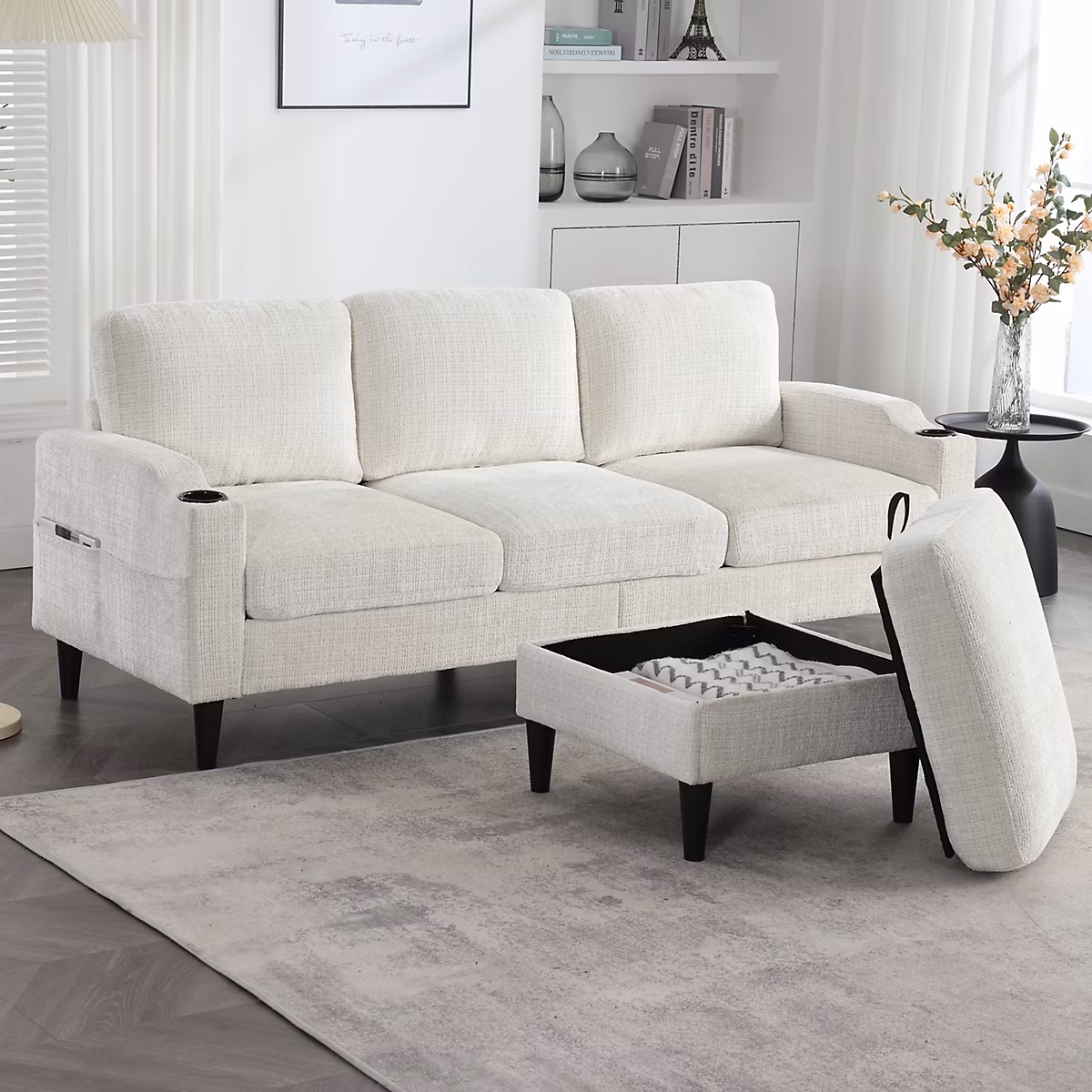 Canapé 4 places velours côtelé beige avec repose | pieds – rangement et accoudoirs confortables