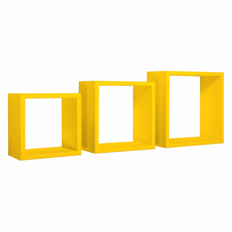 Ensemble de 3 étagères murales – cubes décoratifs, cubes muraux, jaune canari, 35x35, 30x30 et 25 × 25 cm de profondeur 15, 5 cm