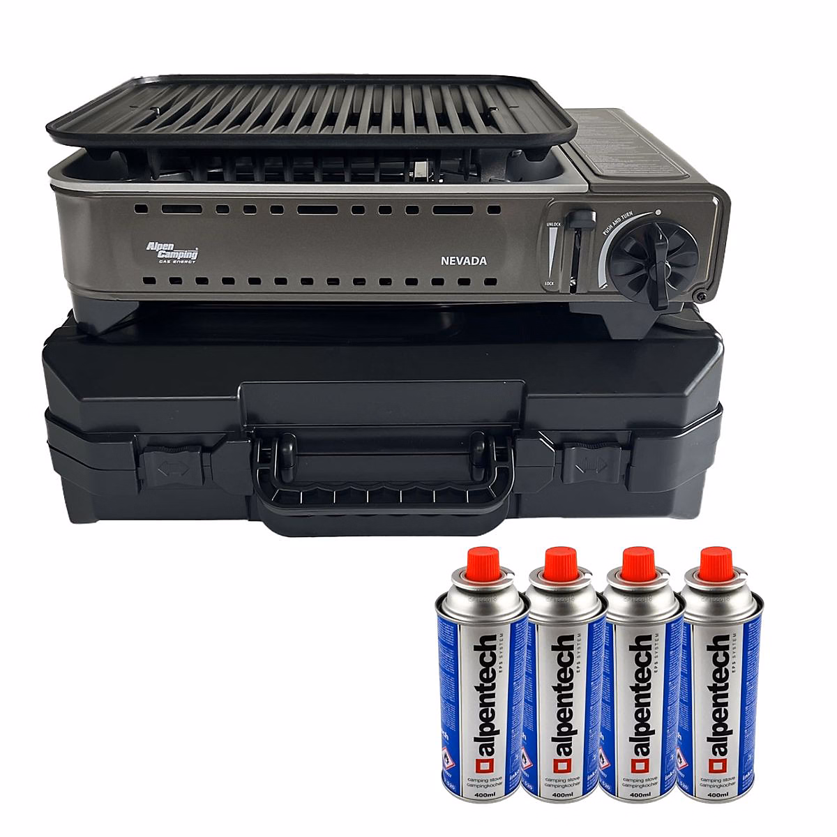 Barbecue à gaz Portable Grill 1780W + 4 Cartouches Gaz Butane Allumage Piezo + Mallette Camping ALPEN – Réf. LDVXRZZEL1009468733