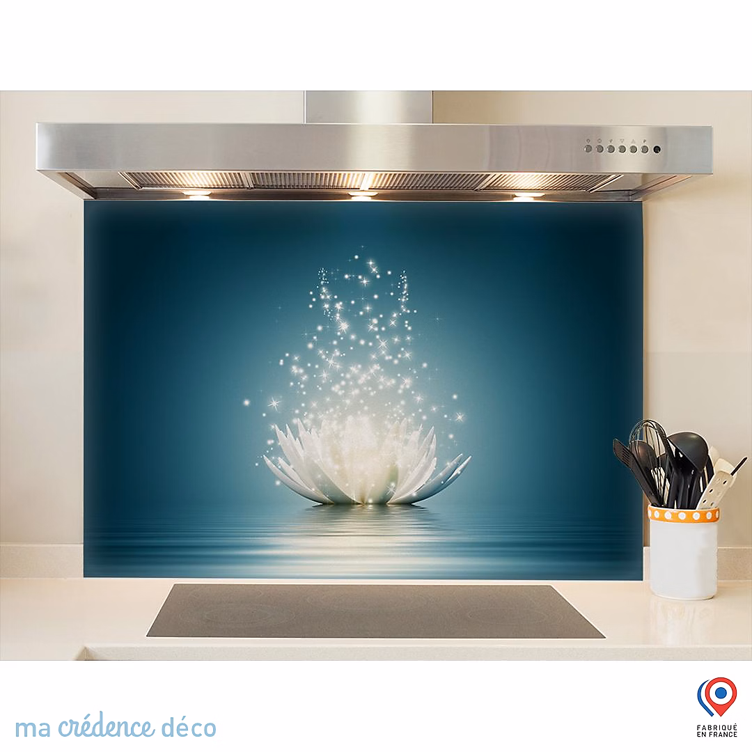 Crédence cuisine fond de hotte Lotus et lumière 3 – Verre trempé, L 90 cm x H 70 cm, MaCrédenceDéco