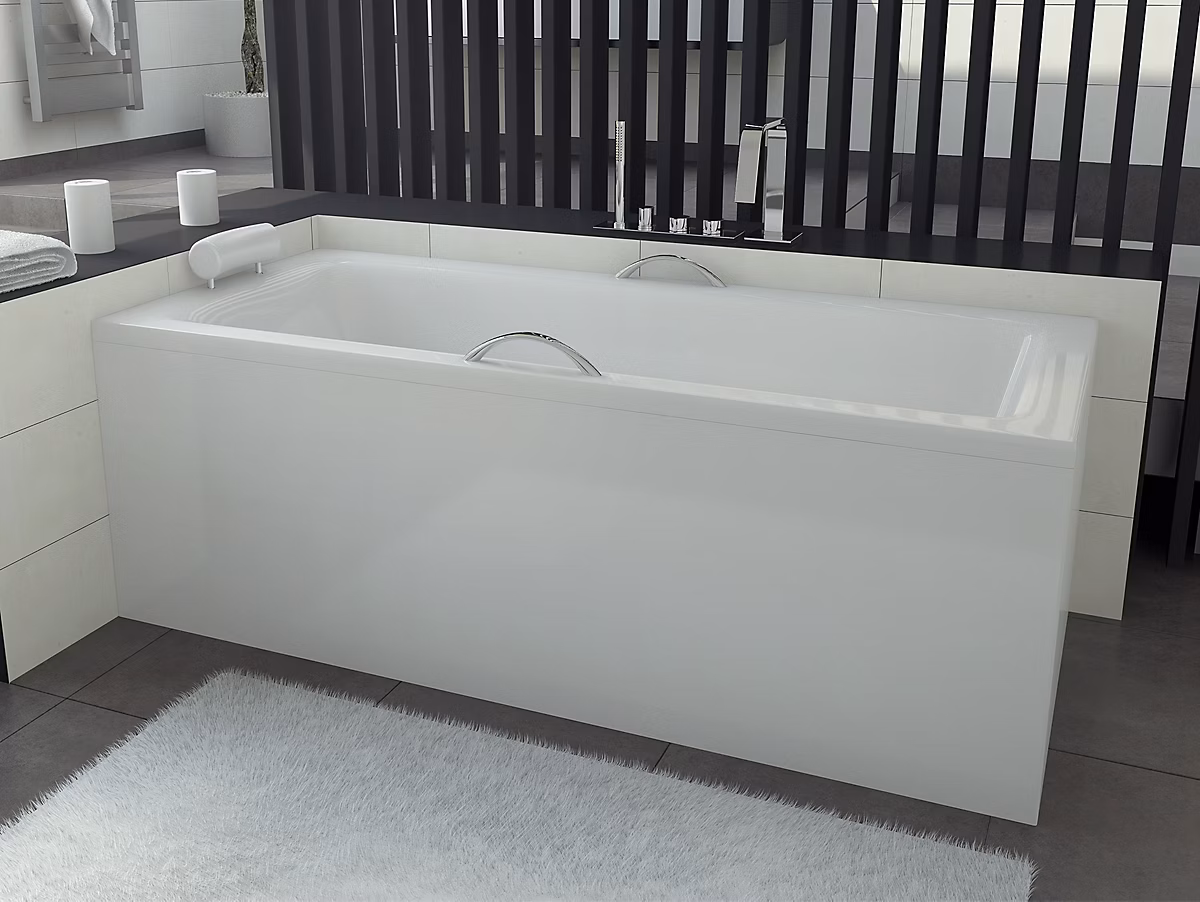 Baignoire rectangulaire 170 × 75 TALIA PREMIUM acrylique blanc + avec Tablier + Poignées + Repose Tête + Pieds + Vidage à chromé