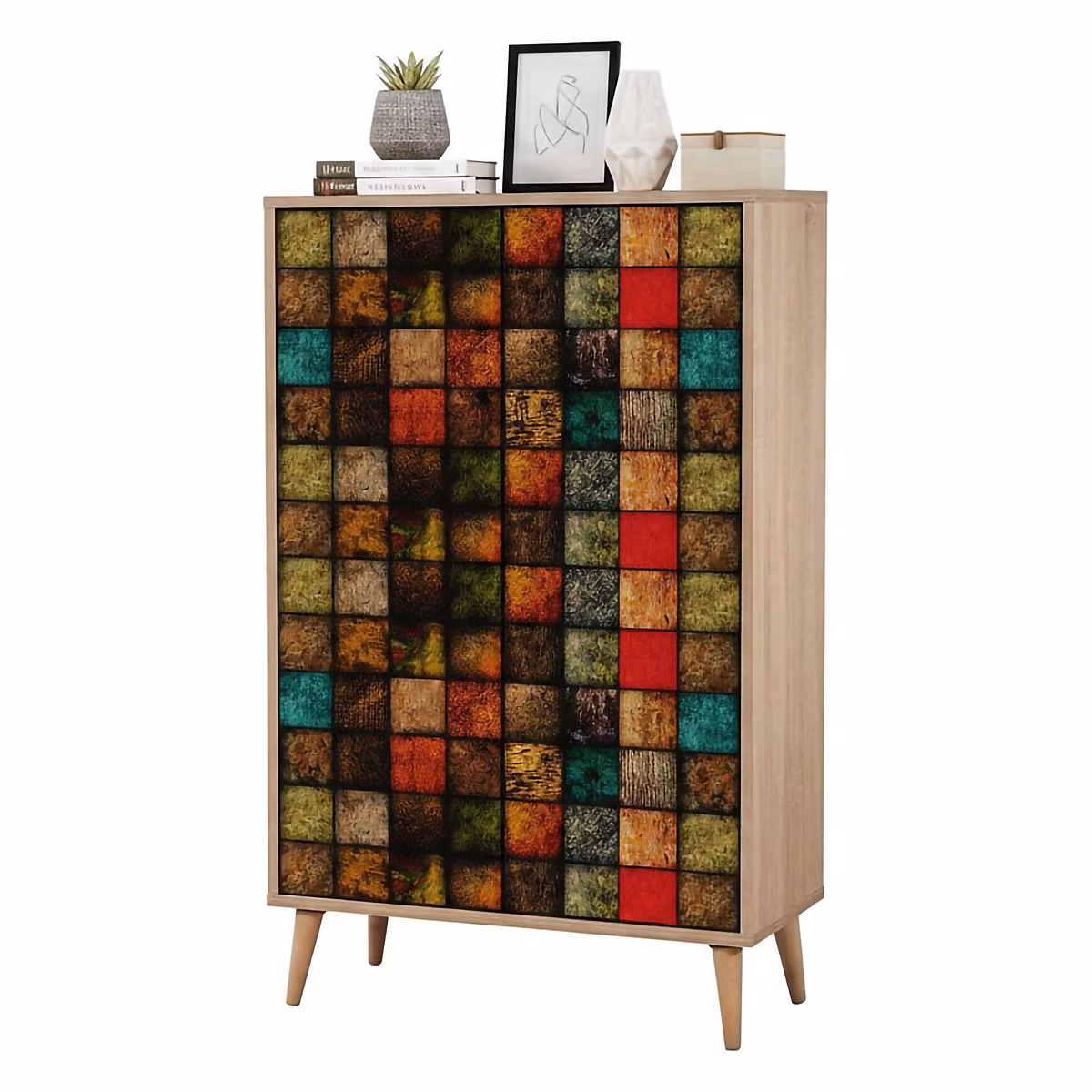 Buffet Proxima – Buffet du salon, Commode de salon, Garde-manger de cuisine, 80 × 36h127 cm, Chêne et Multicolore