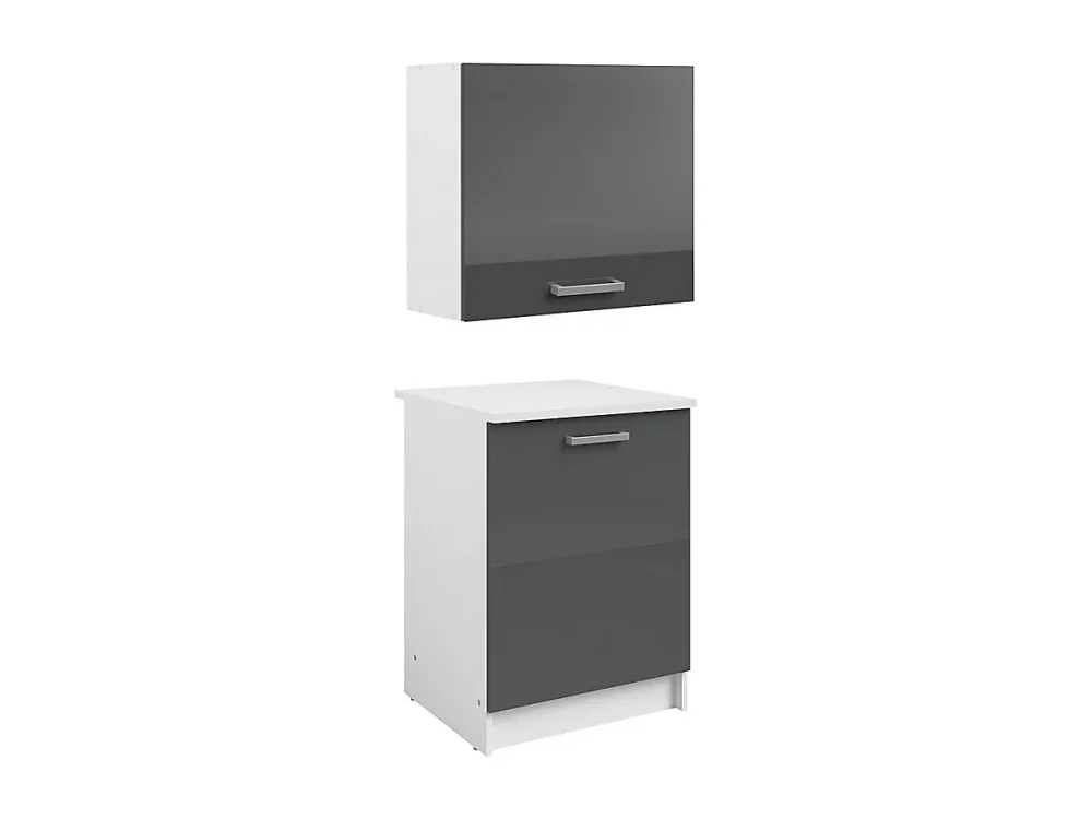 Caissons de cuisine – 1 meuble bas & 1 meuble haut | 2 portes | Gris brillant et blanc | TRATTORIA