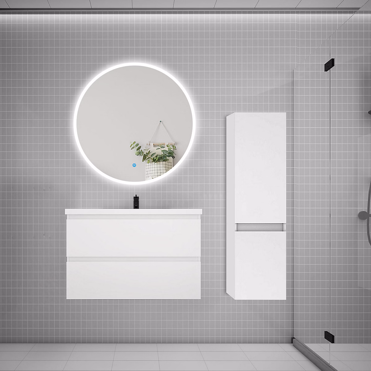 Ensemble meuble vasque L.80cm 2 tiroirs + lavabo + LED miroir rond 90cm + colonne A – blanc