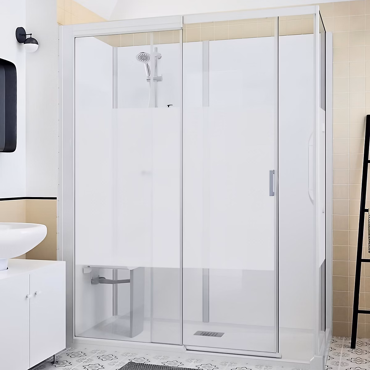 Cabine de douche d'angle KINEDO KINEMAGIC DESIGN 100X70 habillage toute hauteur 1 coulissant verre transparent avec mitigeur | Cabine de douche