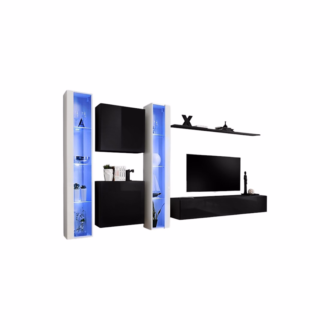Composition murale SWITCH XVI Meuble TV – vitrines LED | cubes et étagère Noir et blanc brillant Design moderne