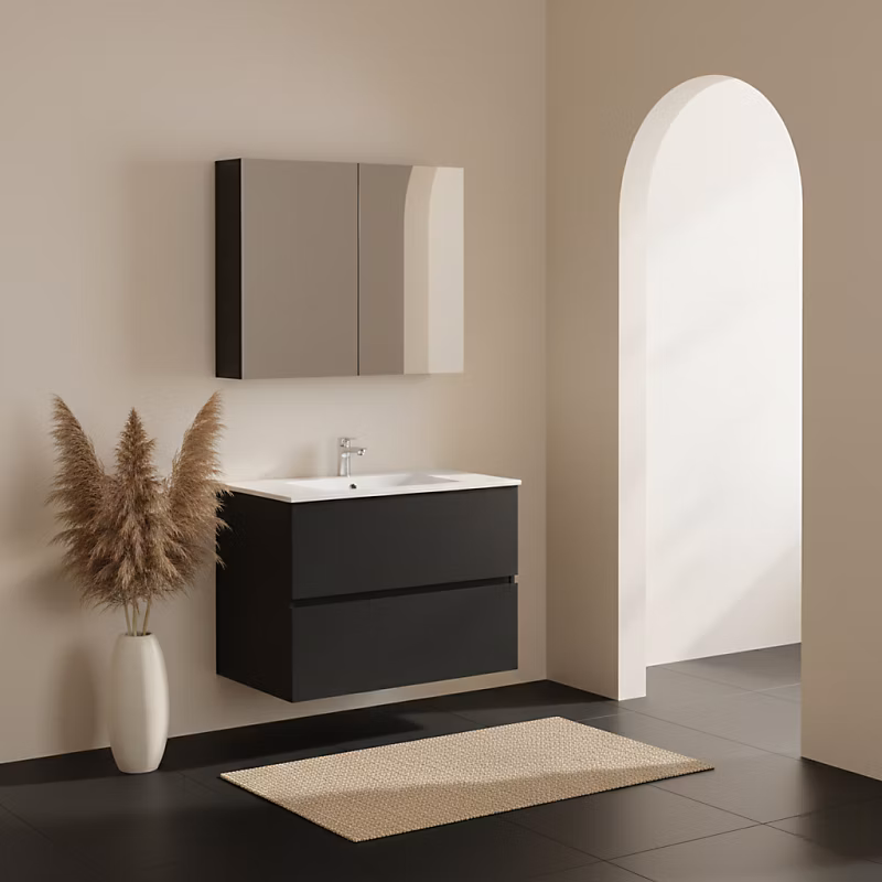 Ensemble meuble salle de bain 80 cm + armoire – plan céramique | Noir mat | A suspendre | Donna