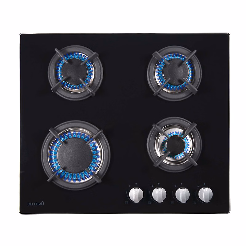 BELDEKO Plaque Gaz 4 Feux 7500W Grilles Fonte Verre Noir – Marque Française