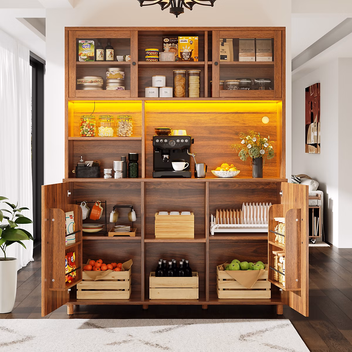 Buffet Haut Vintage – Vitrine 2 en 1 avec Éclairage LED et Tiroirs, 3 Étagères Réglables, Verre et MDF Brun Noyer 140 × 40 × 185 cm
