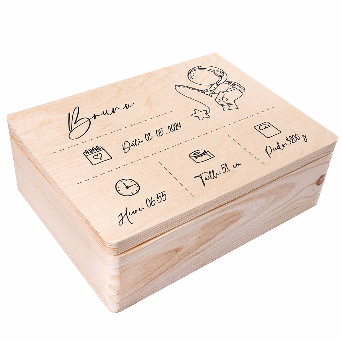 Creative Deco Boîte en Bois Personnalisée Naissance – Motif Astronaute, 40 × 30 × 14 cm, Cadeau Souvenir Bébé Personnalisable