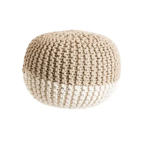 Pouf rond tricoté main en coton et jute beige et blanc - Ø 50 x H 35 cm