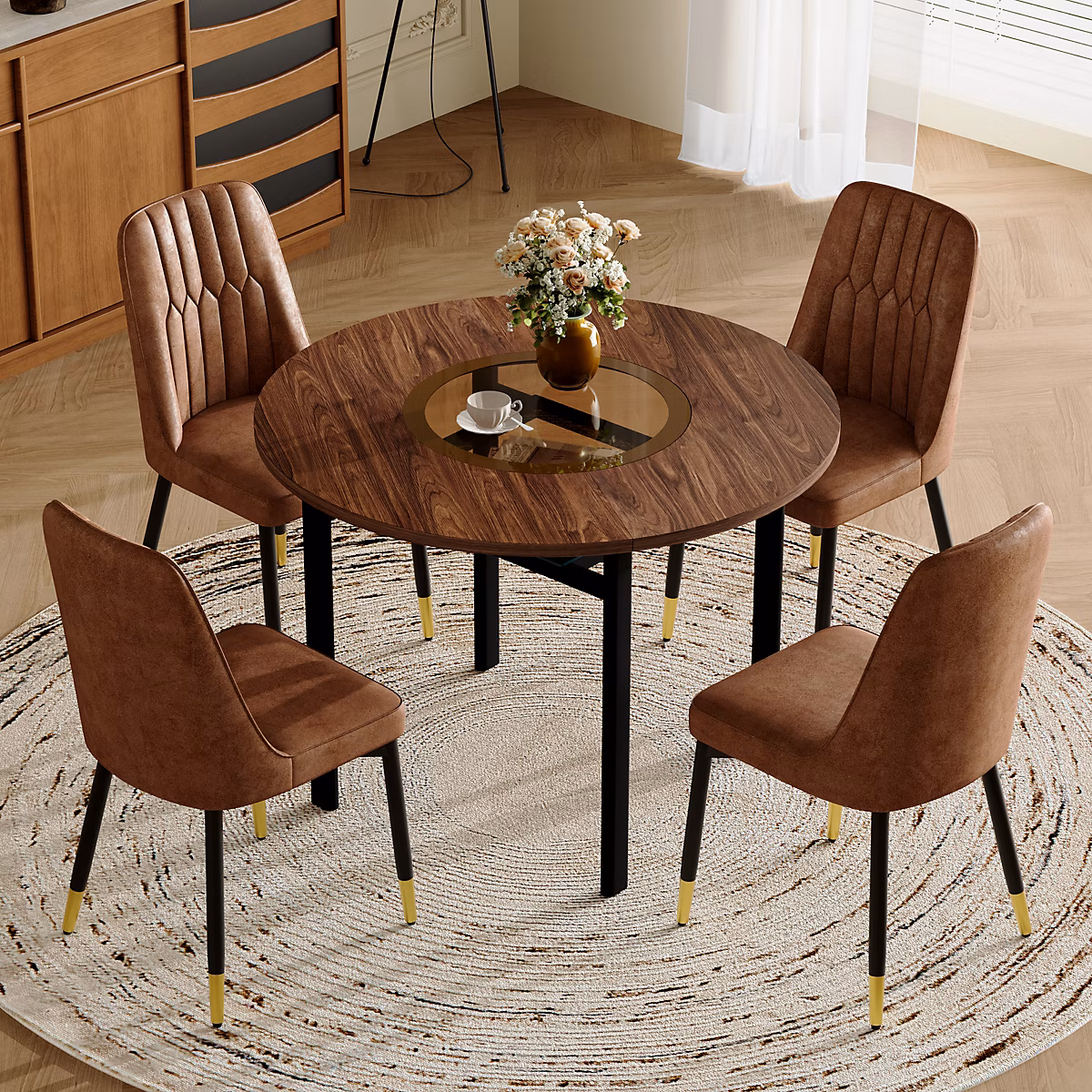 Ensemble table à manger ronde 100 cm aspect bois avec 4 chaises marron et métal noir – Réf. JWCLFDPTX0286157875