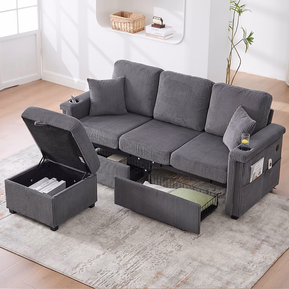 Canapés 3 Places – Canapé Convertible avec Rangement et LED, Porte, Gobelet, Assise et Dossier en Mousse, Velours Côtelé Gris Foncé