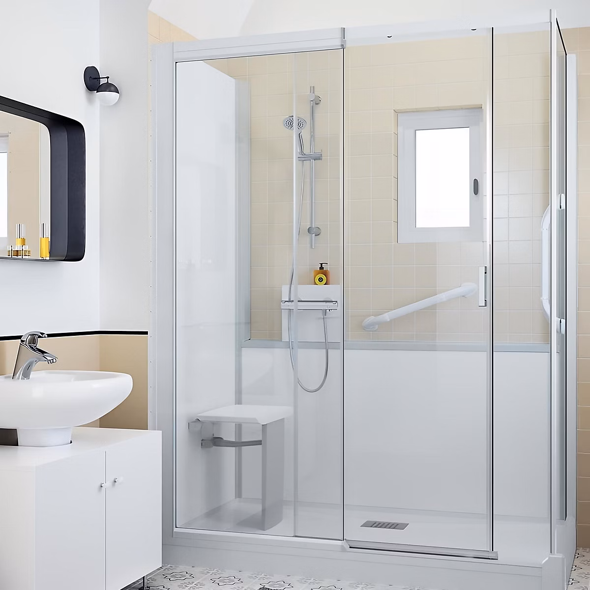 Cabine de douche d'angle KINEDO KINEMAGIC DESIGN 100X70 habillage mi – hauteur 1 coulissant verre transparent thermostatique