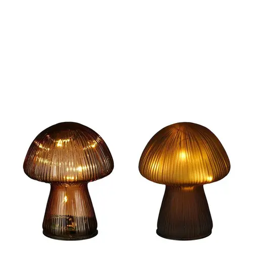 Lampe champignon en verre marron 10 LED - Ø 12 x H 15 cm