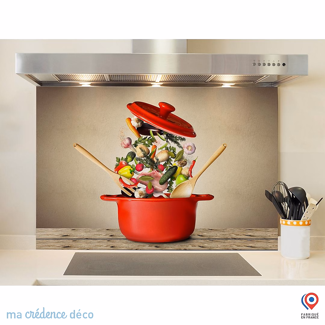 Crédence cuisine fond de hotte Marmite rouge et légumes – Verre trempé | L 70 cm x H 60 cm | MaCrédenceDéco