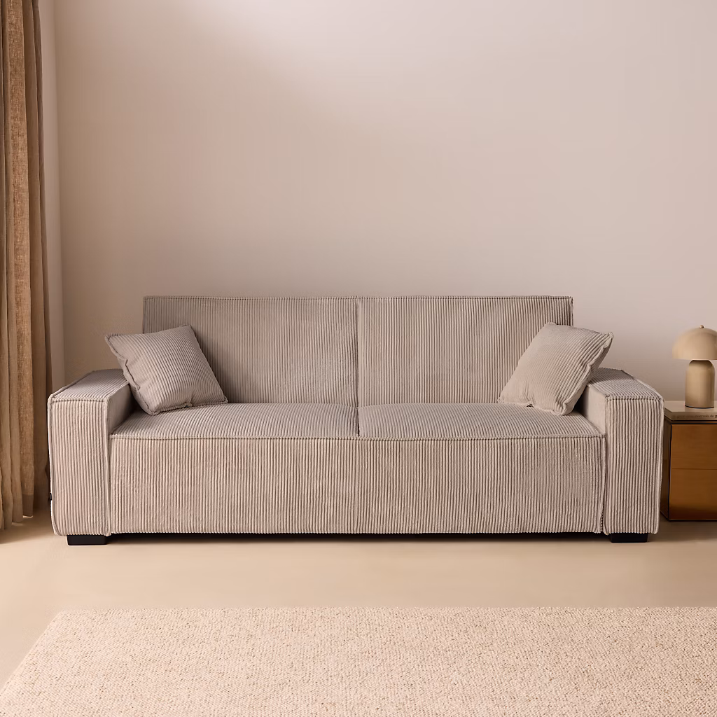 Canapé convertible 3 places beige velours côtelé L 231 x P 96.5 x H 80cm – Réf. OLVNBQWRM1502198399