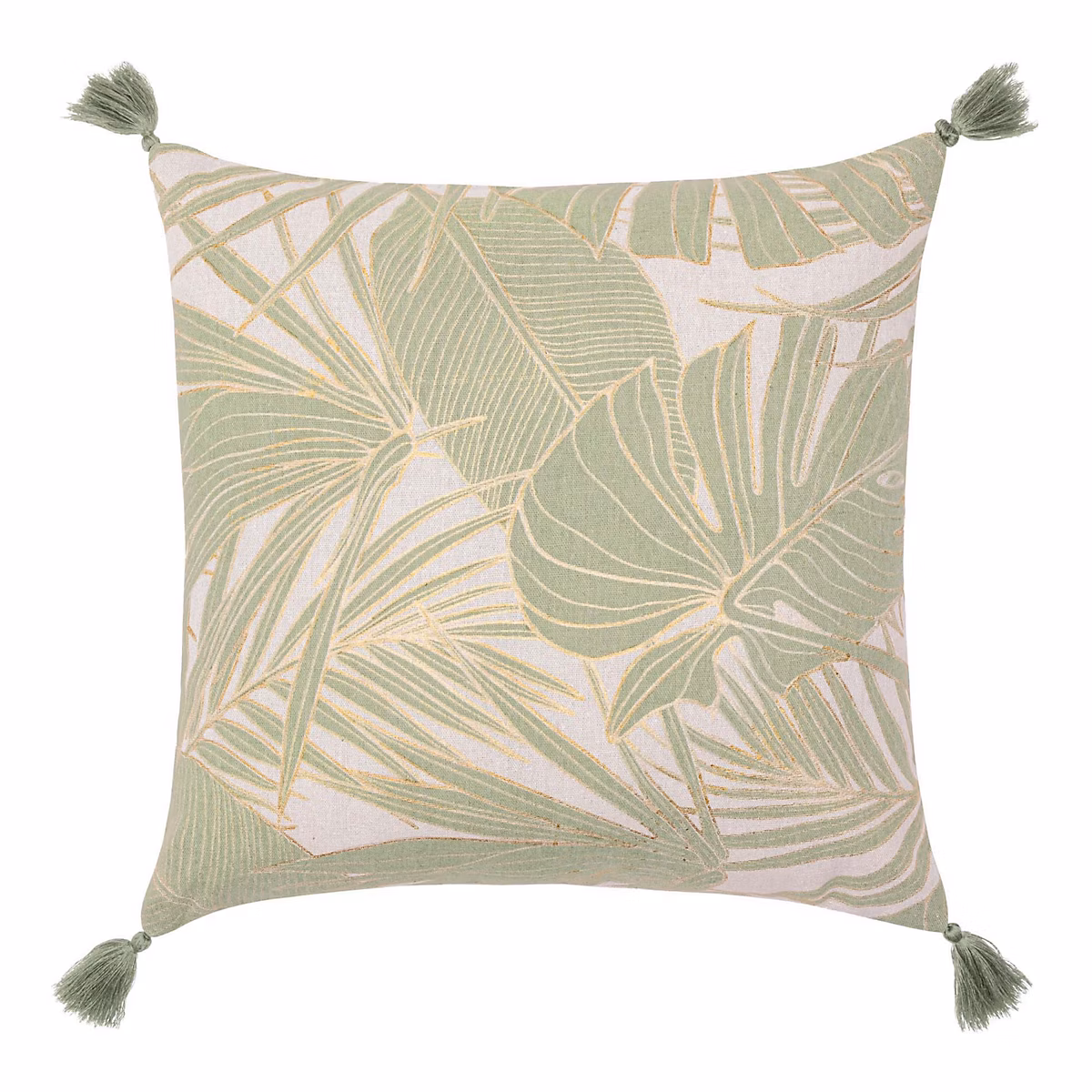 Coussin polycoton feuillages tropicaux métallisé à pompons (45 × 45 cm – Vert)
