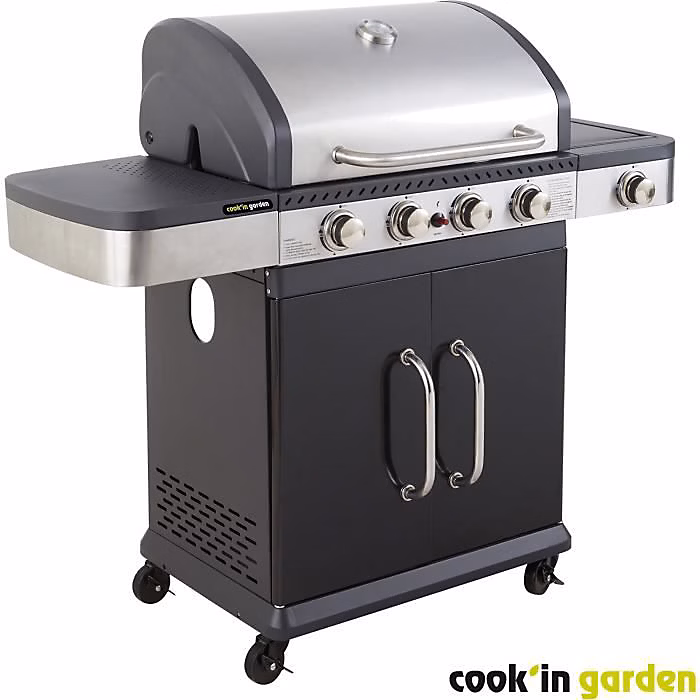 Barbecue à gaz Fidgi 4 avec 4 brûleurs 14500 watts grille plancha fonte et réchaud pour 10 personnes | Barbecue
