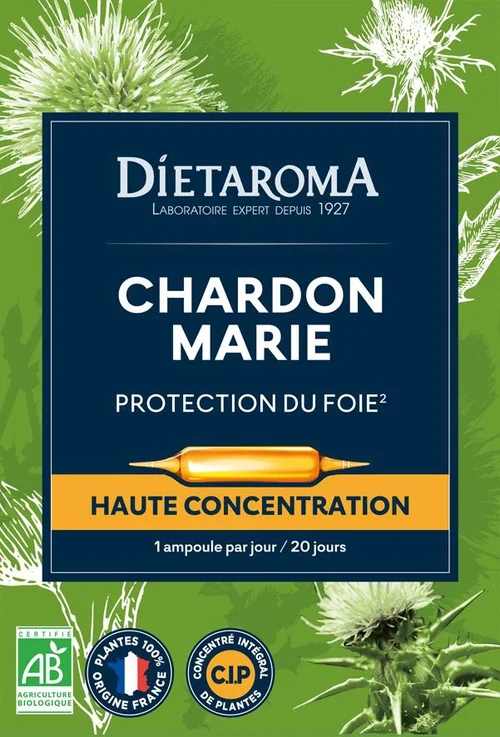 Complément alimentaire chardon marie CIP bio Dietaroma protection du foie - 20 ampoules x 10 ml