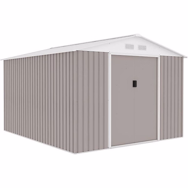 Abri de jardin en métal 8 – 84 m², 277 × 319 × 202 cm, URANUS, Kit d'ancrage inclus, 2 portes coulissantes, Taupe