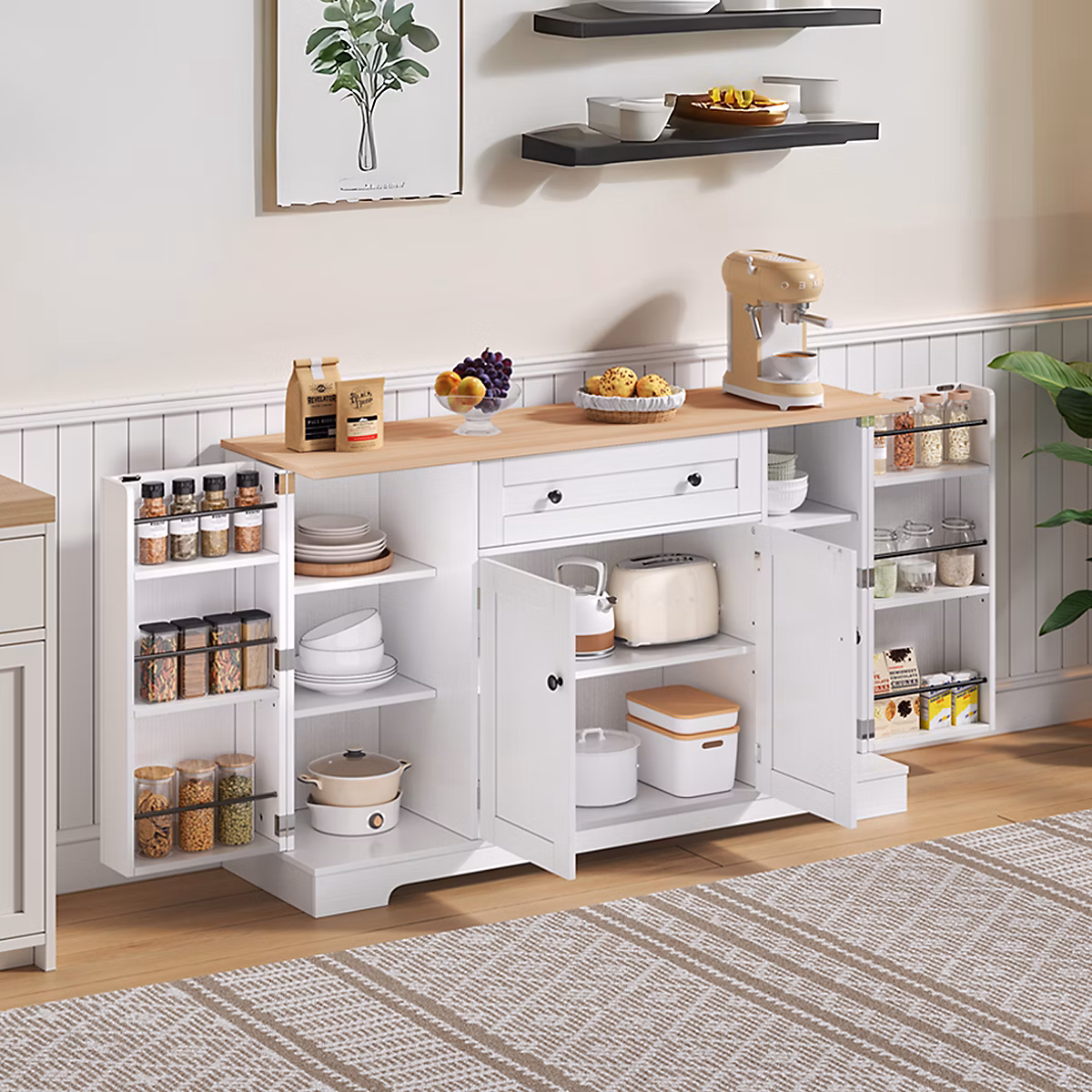 Buffet Bas avec Tiroir et Portes – Étagères Réglables et Système Anti | Basculement | MDF | Blanc+Naturel | 138 × 40 × 85 cm