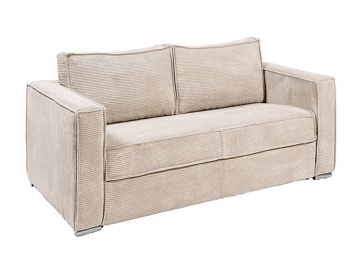 Canapé 3 places convertible express en velours côtelé beige – Couchage 140 cm | Matelas 18 cm LORETO