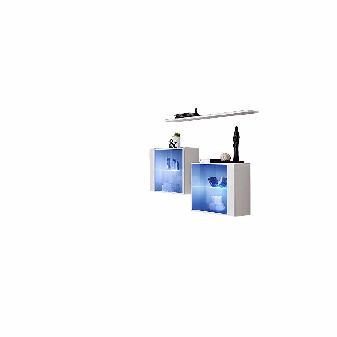 Composition murale SWITCH SBIII Cubes vitrés LED et étagère Blanc brillant Design moderne – Réf. AKVNZROBJ1600234172