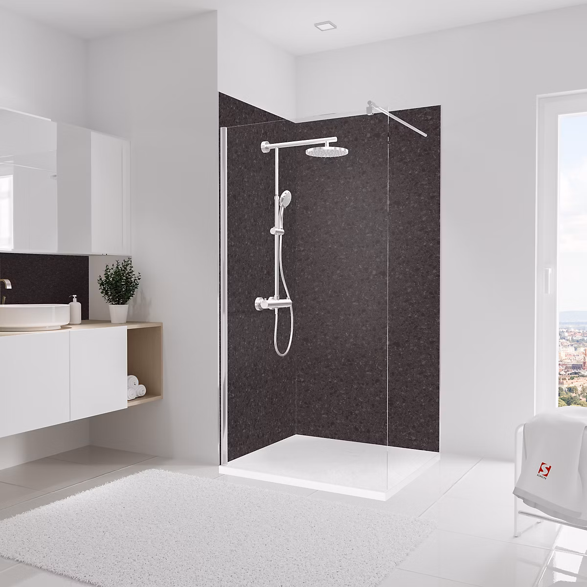 2 panneaux muraux de salle de bains l.100 x H.210 cm – effet terrazzo anthracite | Schulte DecoDesign