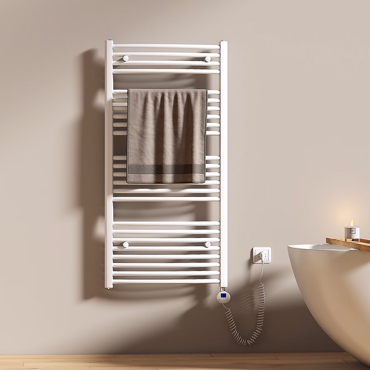 EMKE Sèche-serviettes électrique avec thermostat 120 × 60 cm – radiateur de salle de bain incurvé, blanc brillant, 600 watts