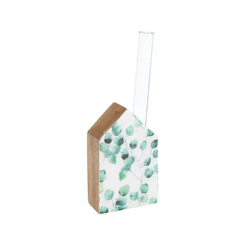Soliflore avec maison en bois à décor de feuillage vert et blanc - 14 x 13 x 8 cm