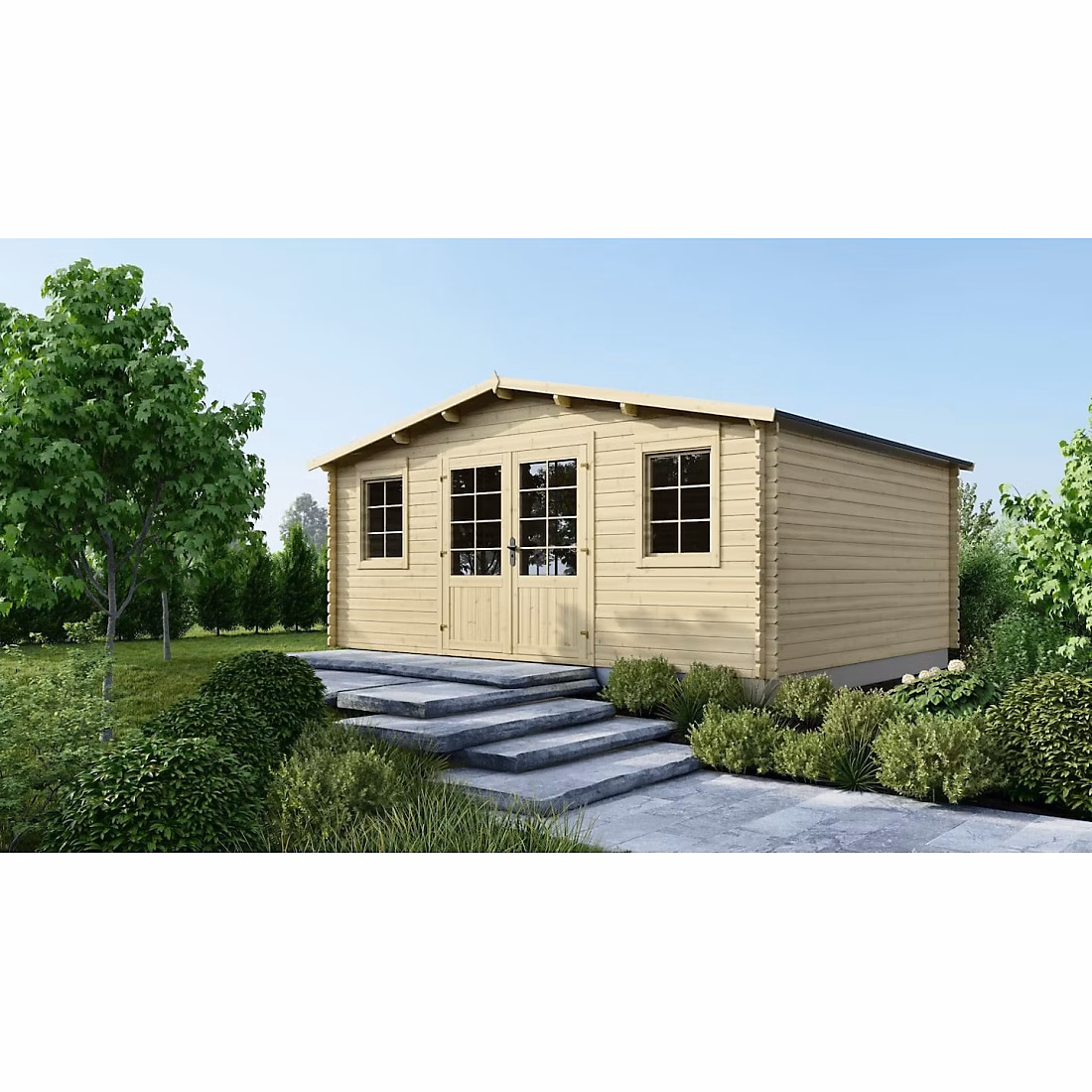 Abri de jardin en bois – 21.42m2, 5.1 × 4.2m, Ep. 34mm, Couleur: naturel, DOM746